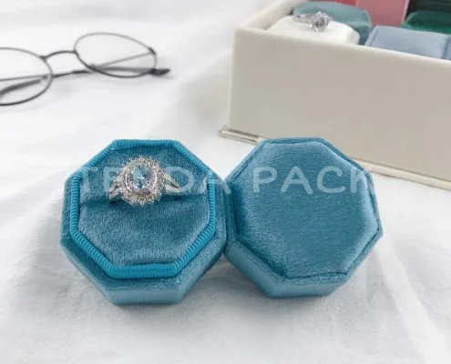 Coral Blue Octagon Velvet Wedding Ring Boxes