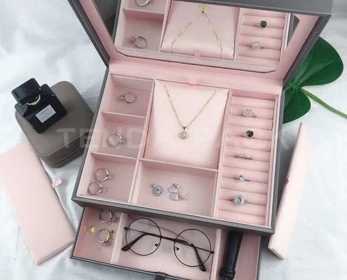 Luxury PU Leather Jewelry Organizer Box With Mirror-4