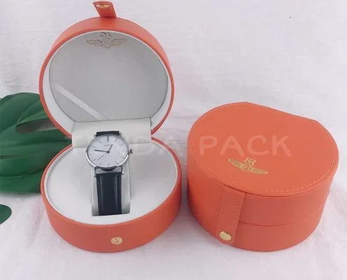 Premium PU Leather Round Shape Watch Boxes With Handle-1